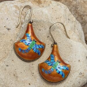 Vintage Dragonfly Enamel Earrings Gold Gilt Chinese Export Sterling